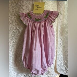 Smocked Alligator Bubble - pink and white 18M